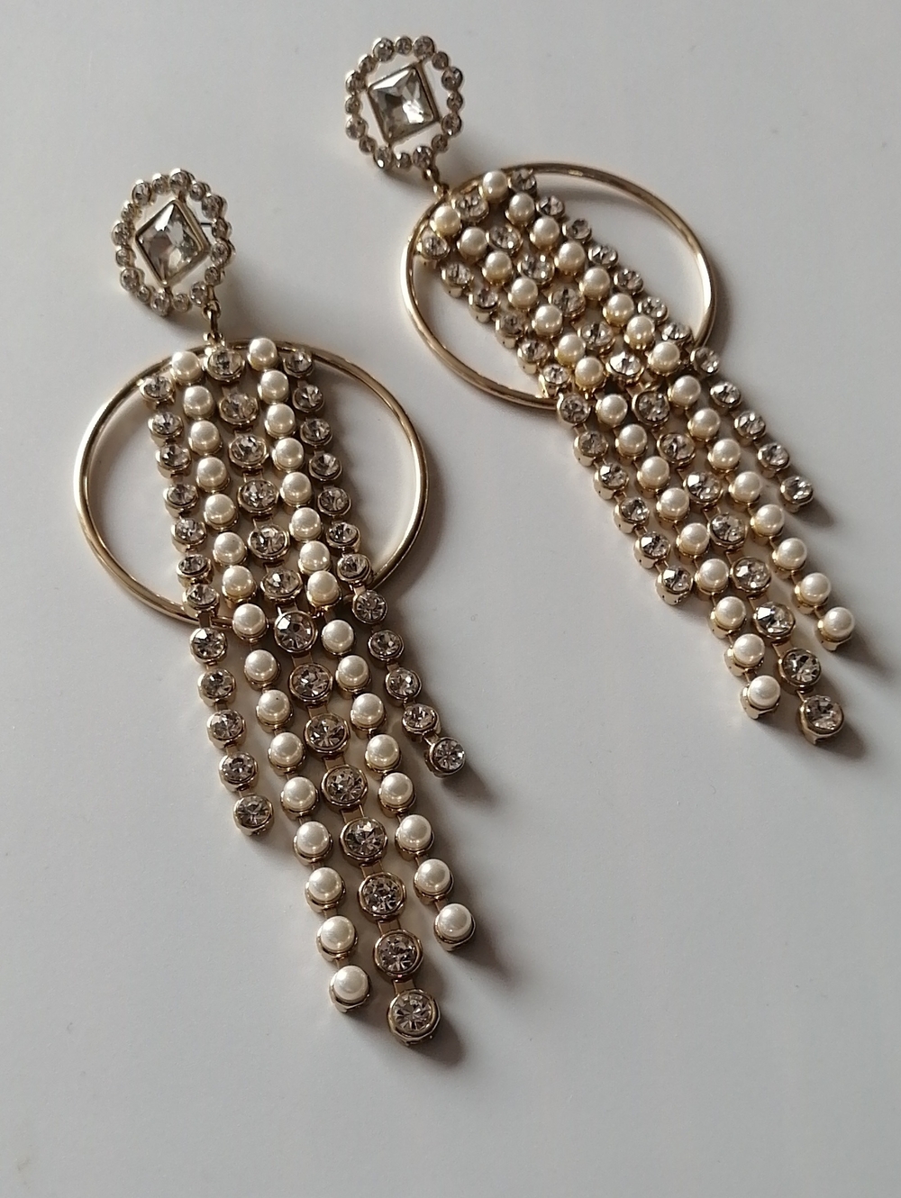 ⏬Final Sale Faux Pearl & Crystal Cascading  Fringe Oversized Goldtone Earrings